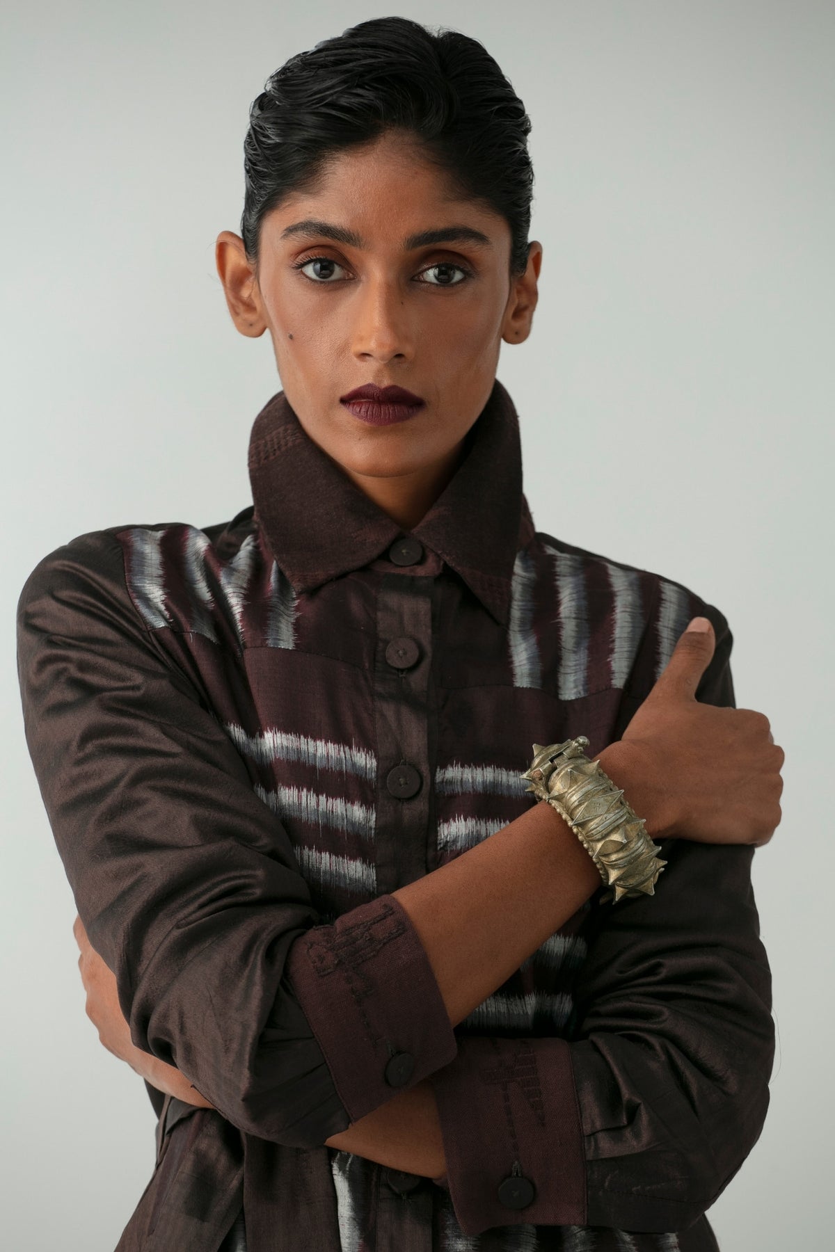 BOITO - Coffee Brown Ikat Silk Overcoat with Silver Stripes, buy at DOORS NYC