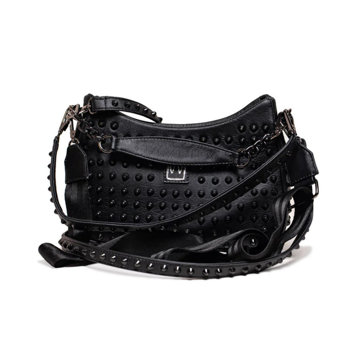 MVLUCKY - Black Vegan Leather Studded Glam Bag With Removable Straps, buy at DOORS NYC