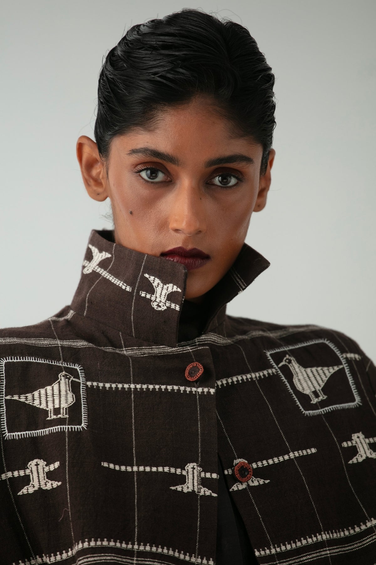 BOITO - Brown Kotpad Handloom Jacket with Temple and Nature Motifs, buy at DOORS NYC