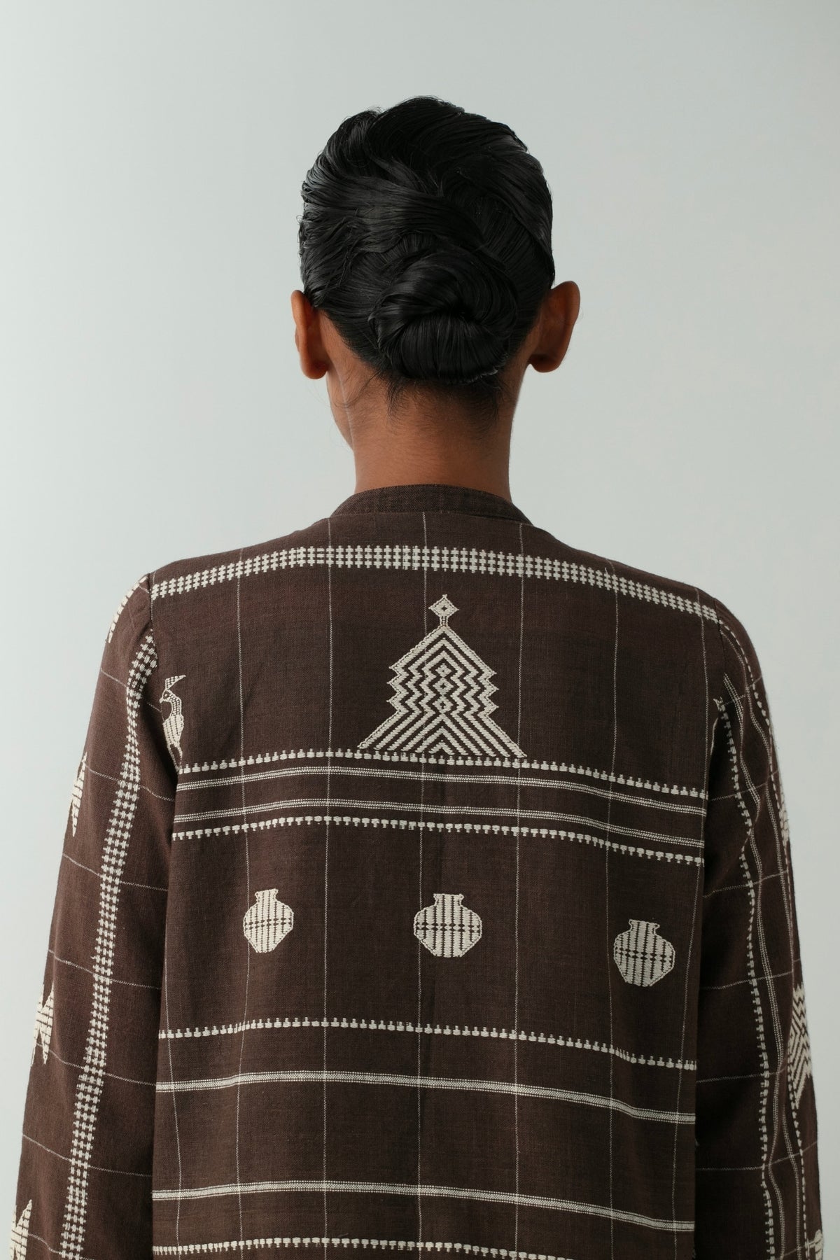 BOITO - Chocolate Brown Kotpad Short Jacket with Extra-Weft Motifs, buy at DOORS NYC