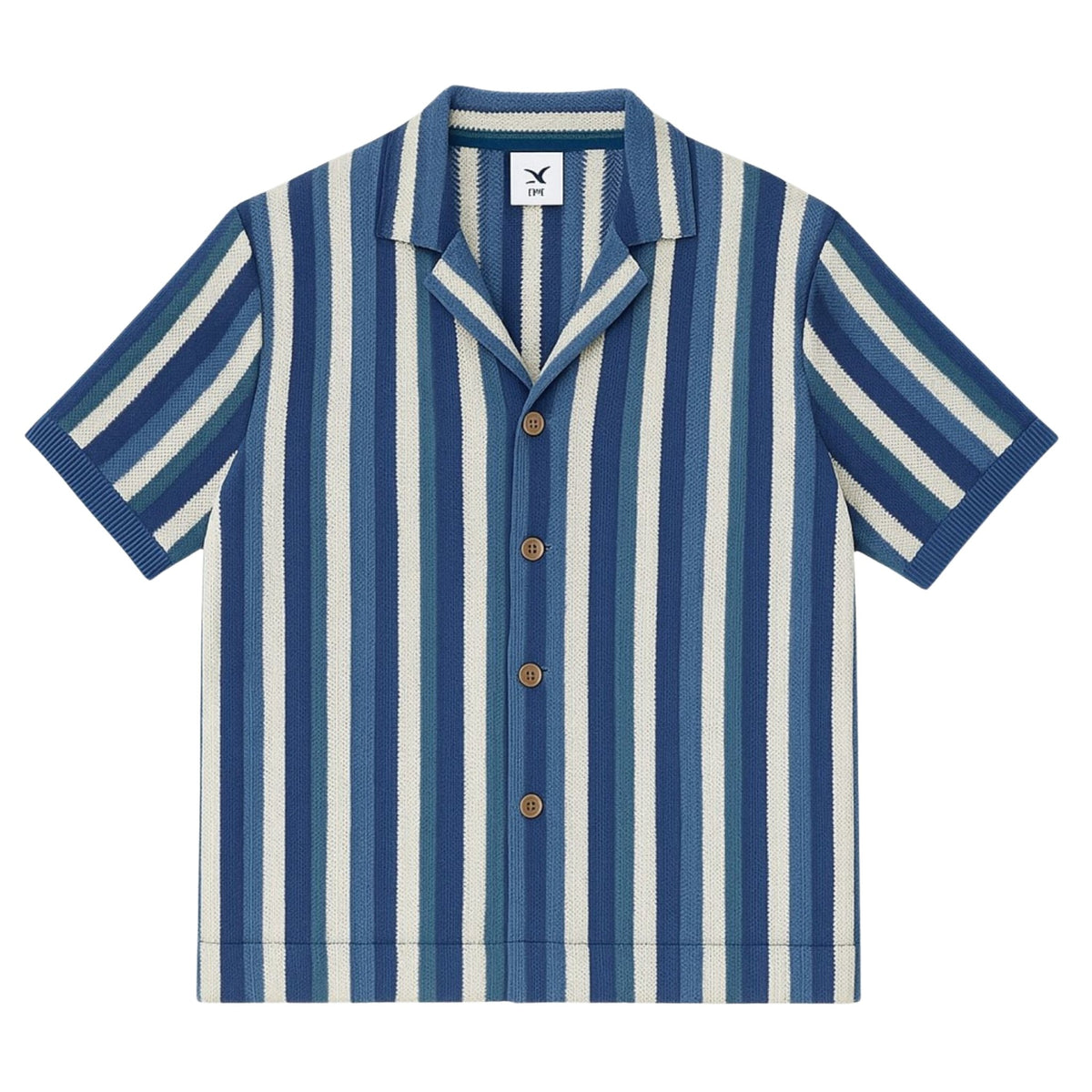 Front view of midnight blue sage cream hand-woven button-up shirt by Live Kolibri