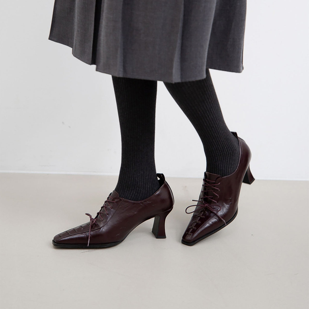 Burgundy Leather 
Lace-Up Heeled Pumps