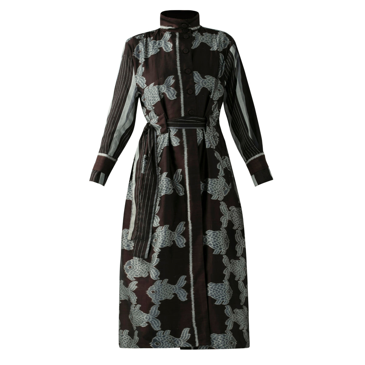 BOITO - Black Ikat Silk Coat with Silver Fish Motifs, buy at DOORS NYC