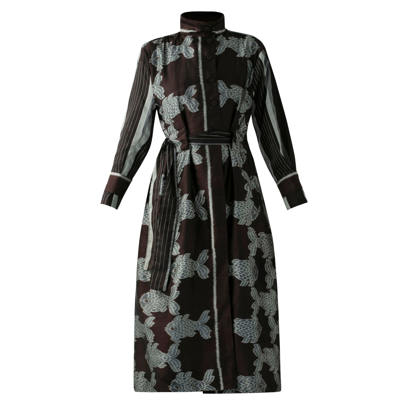 BOITO - Black Ikat Silk Coat with Silver Fish Motifs, buy at DOORS NYC