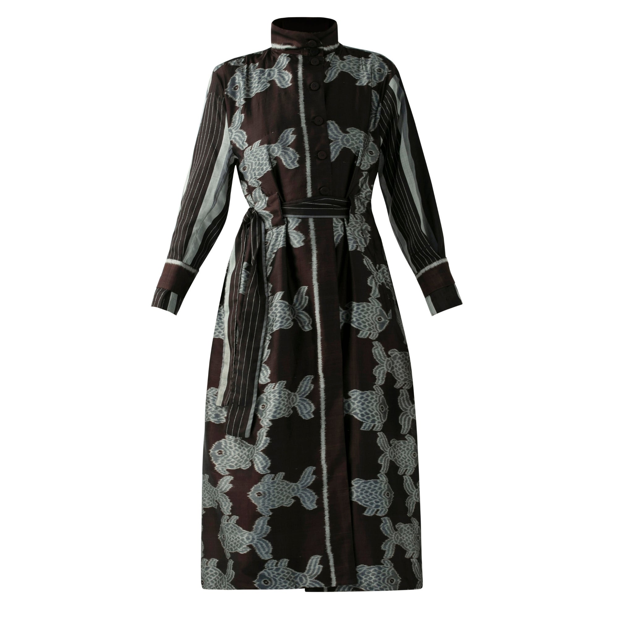 BOITO - Black Ikat Silk Coat with Silver Fish Motifs, buy at DOORS NYC