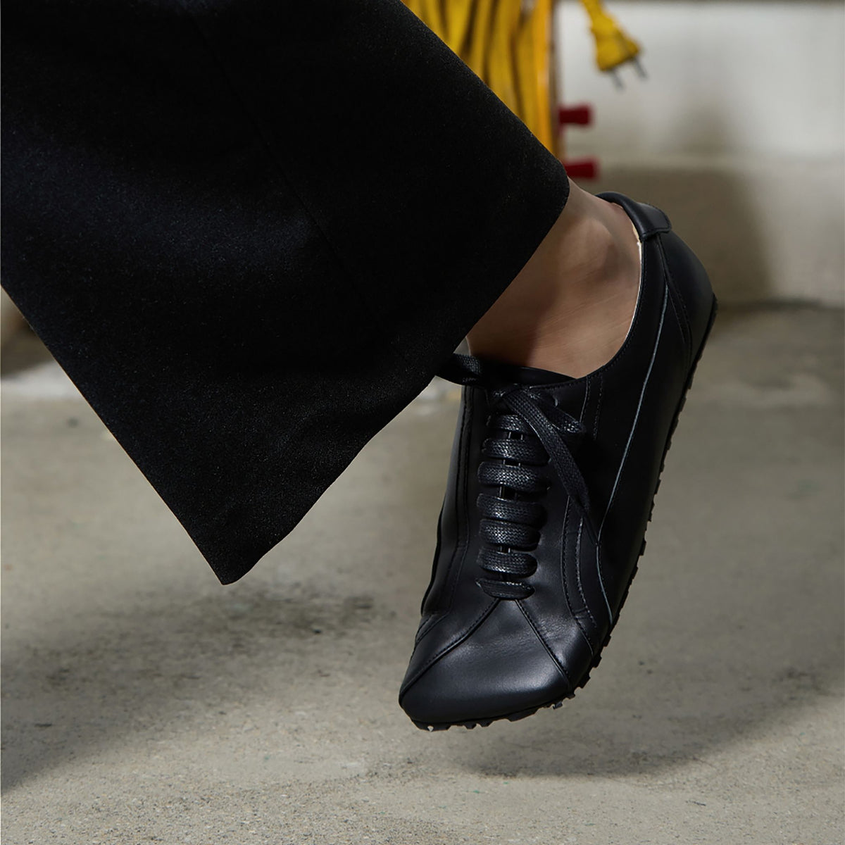 Black Matte Leather Diagonal Design Sneakers