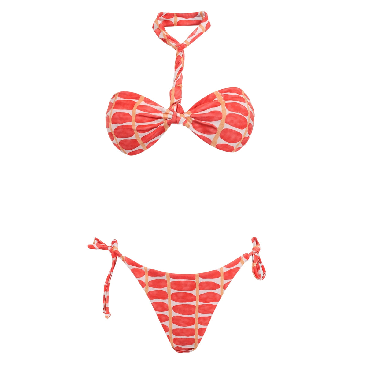 Front view of red and yellow twist-tie bikini set with adjustable neck strap and side-tie bottoms