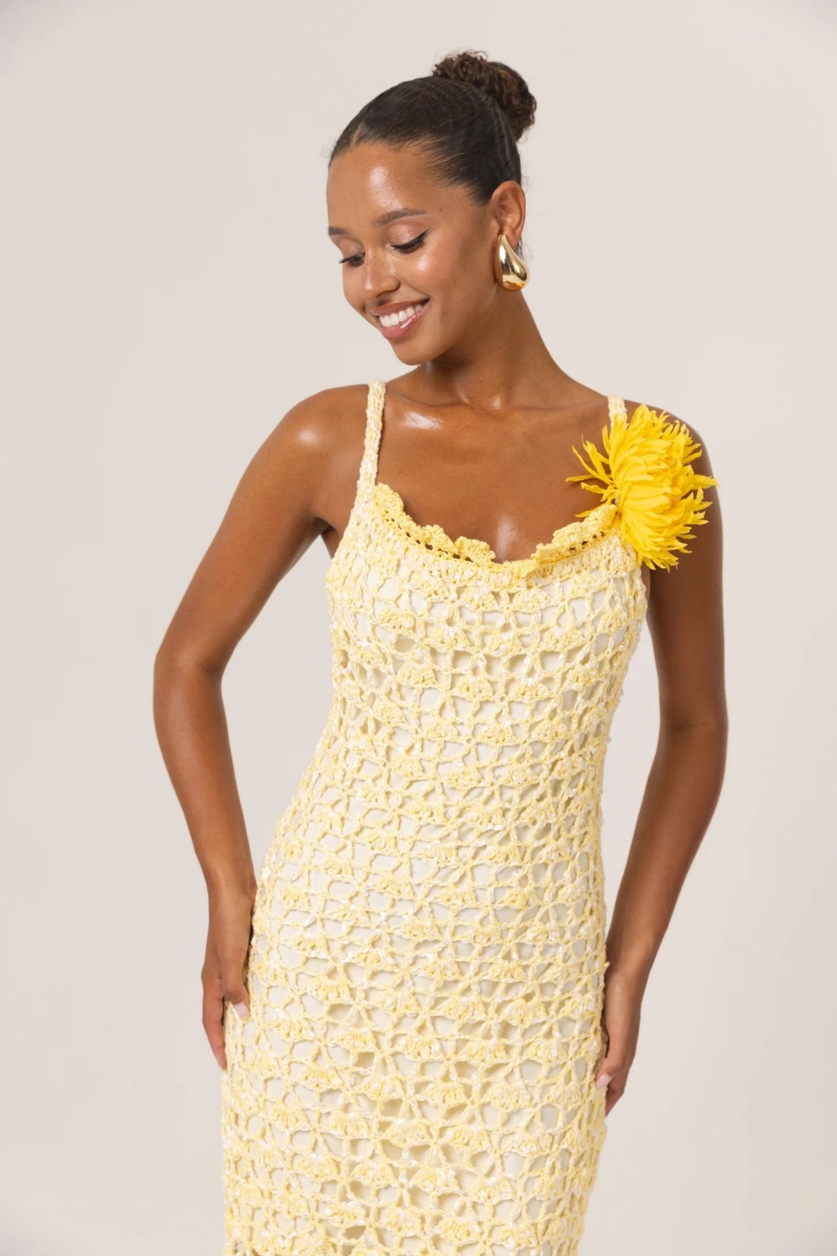 ANDREEVA - Butter Yellow Chrysanthemum Midi Handmade Crochet Dress, buy at DOORS NYC