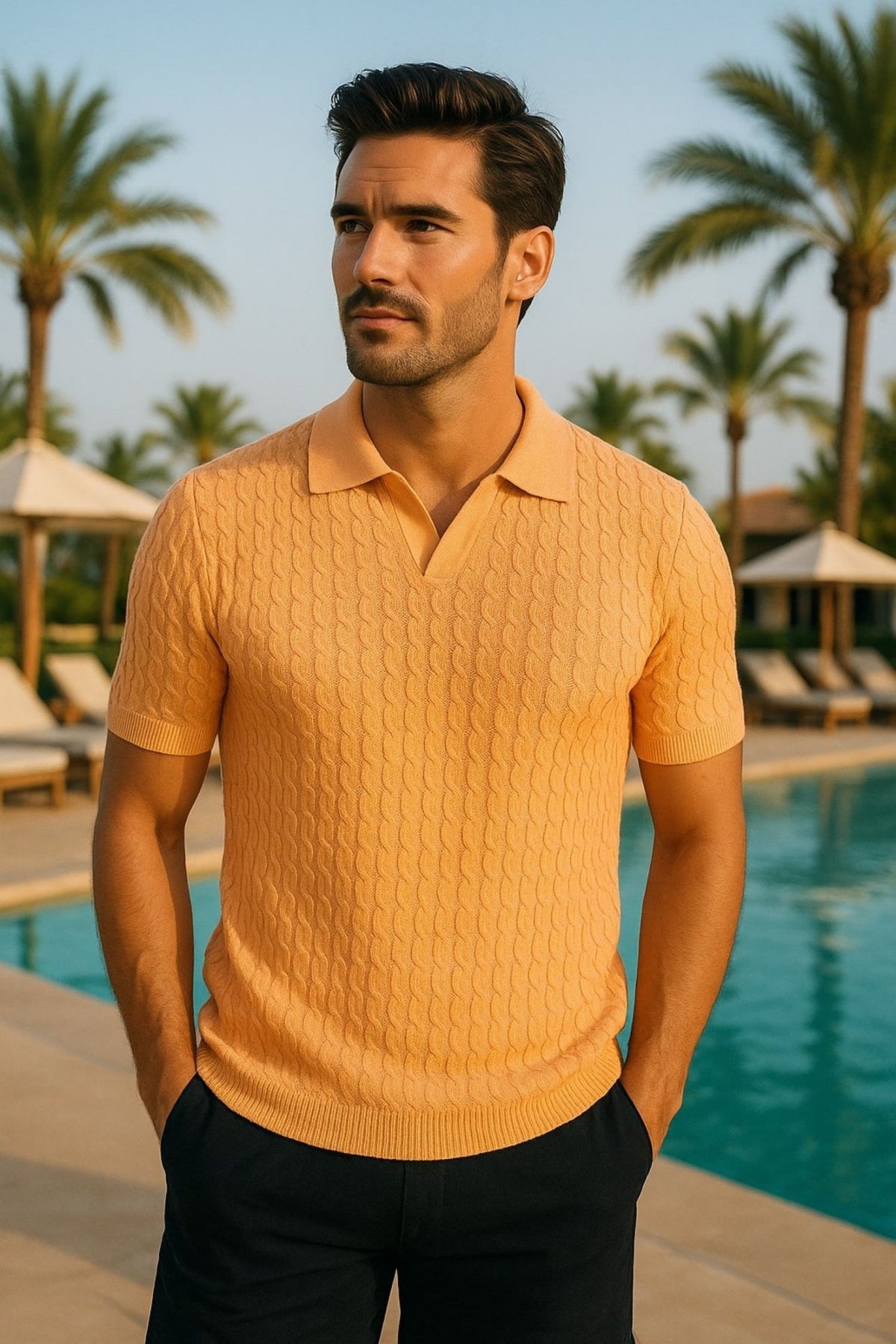 Model wearing orange creme polo shirt outdoors