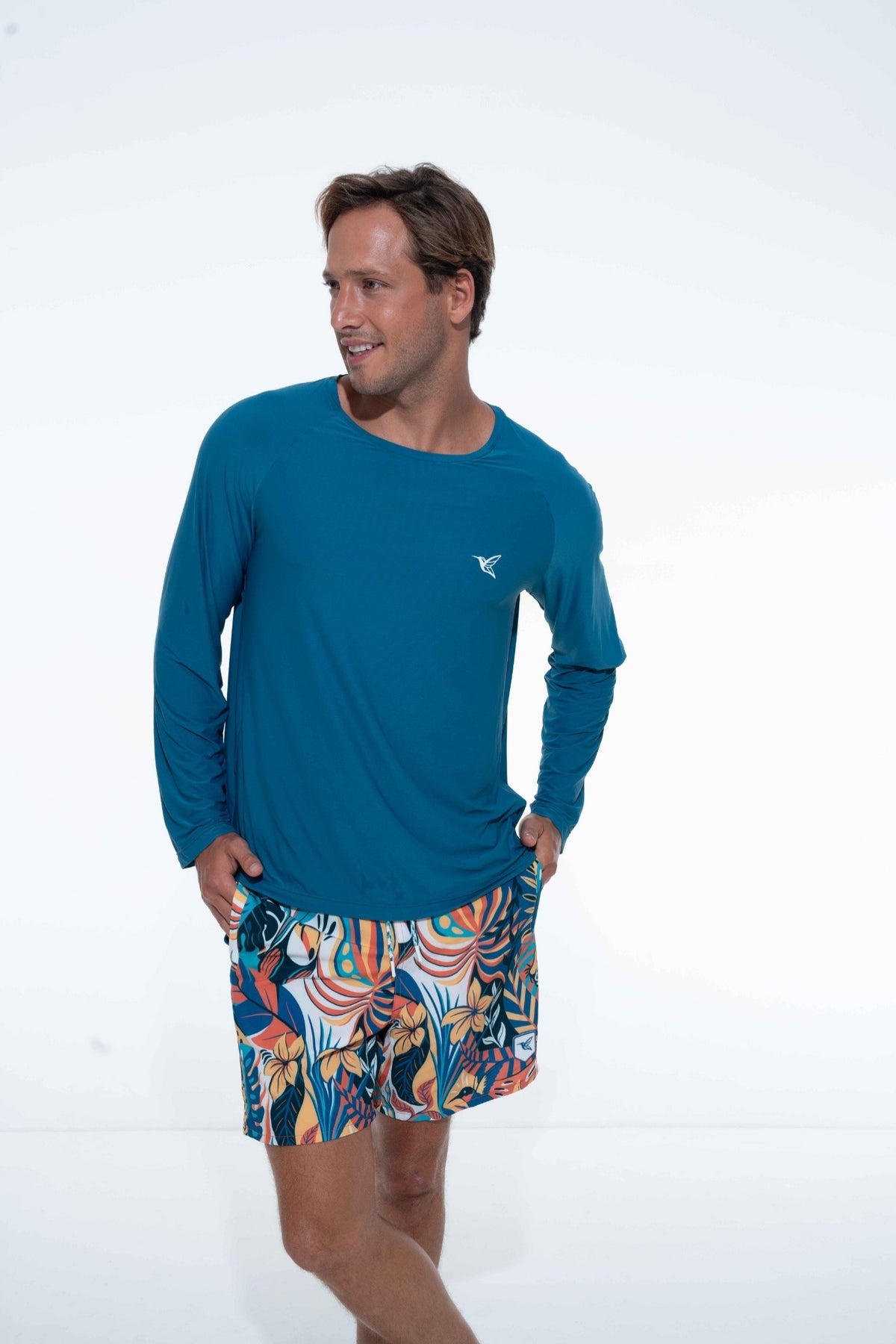 Model wearing deep ocean UPF long sleeve activity shirt