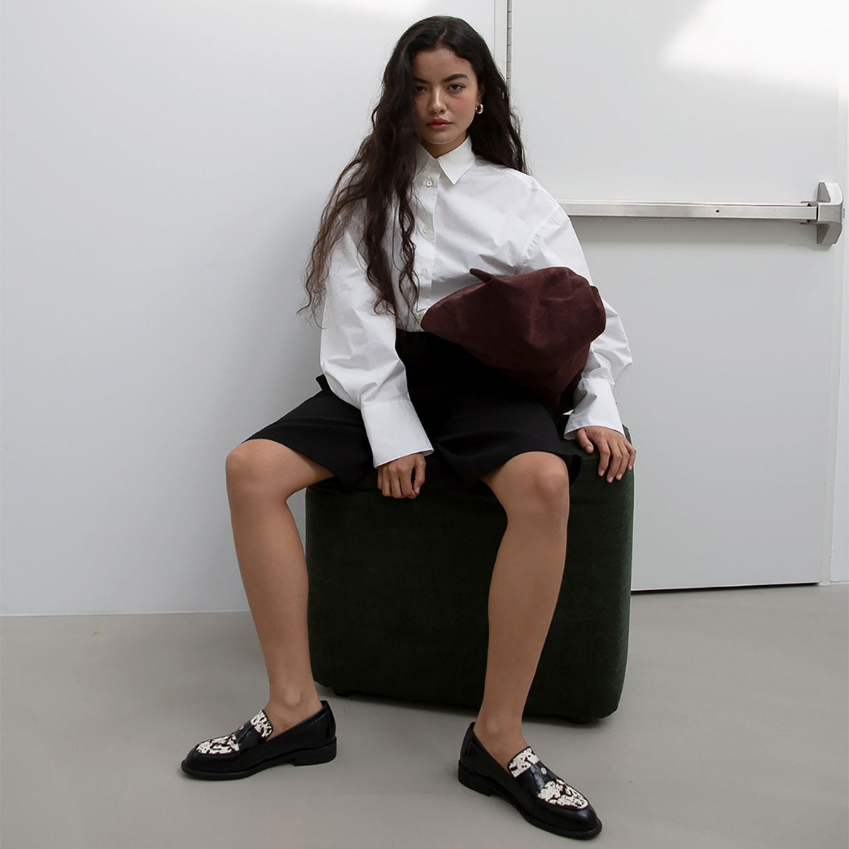 Black Leather Loafers with 
Cowhide Print Vamp