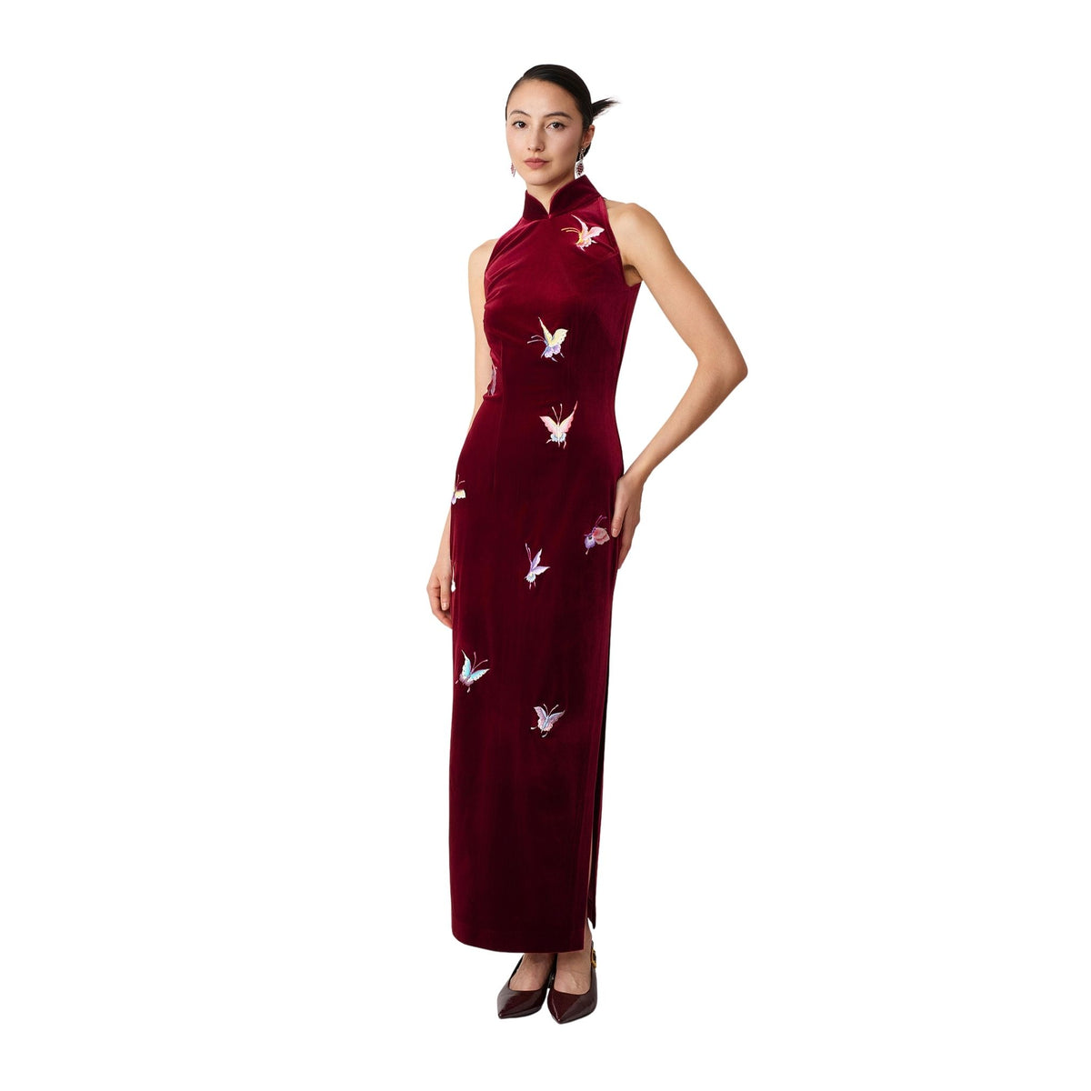 Burgundy Halter-Neck Butterfly Qipao