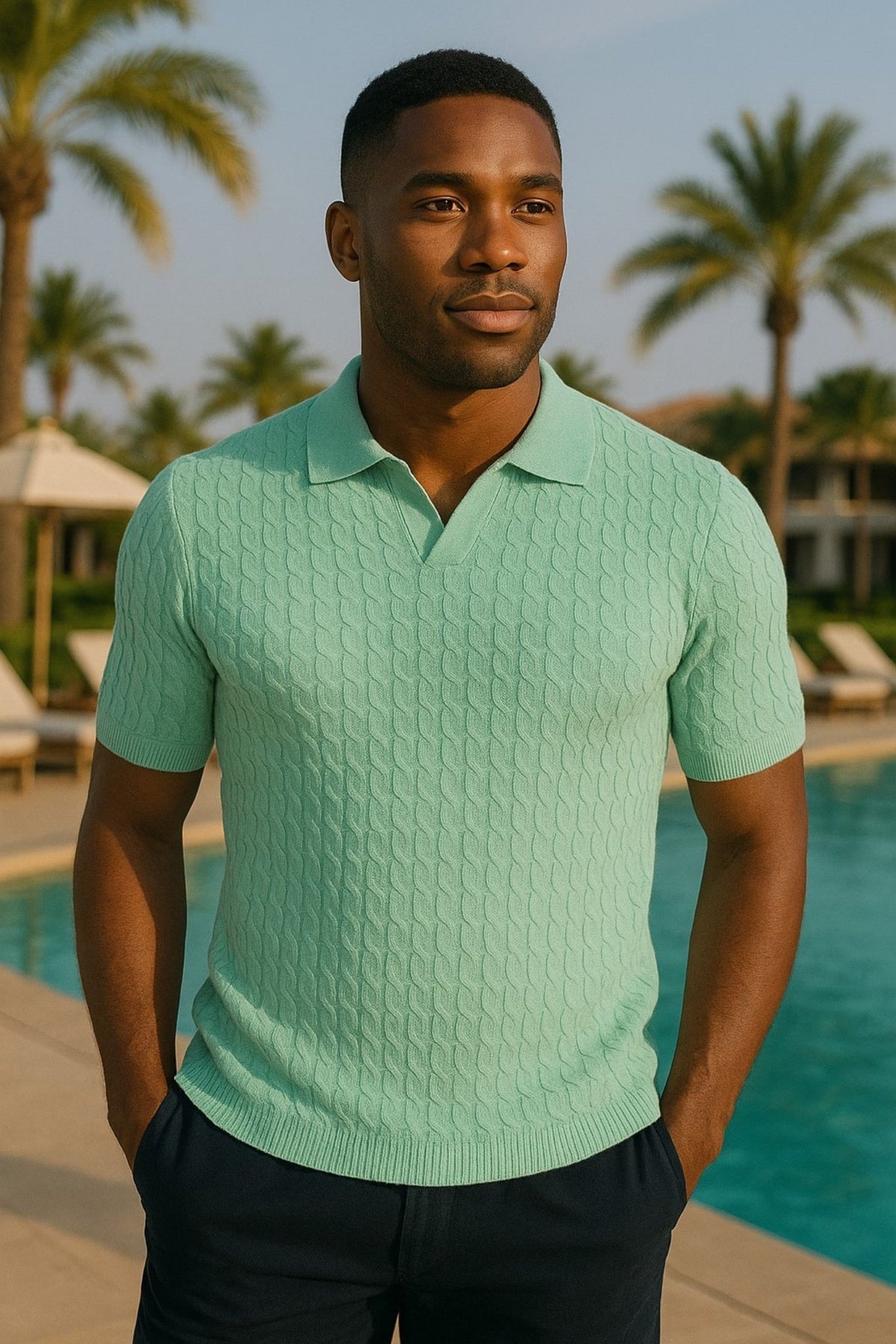 Model wearing sky blue polo shirt outdoors