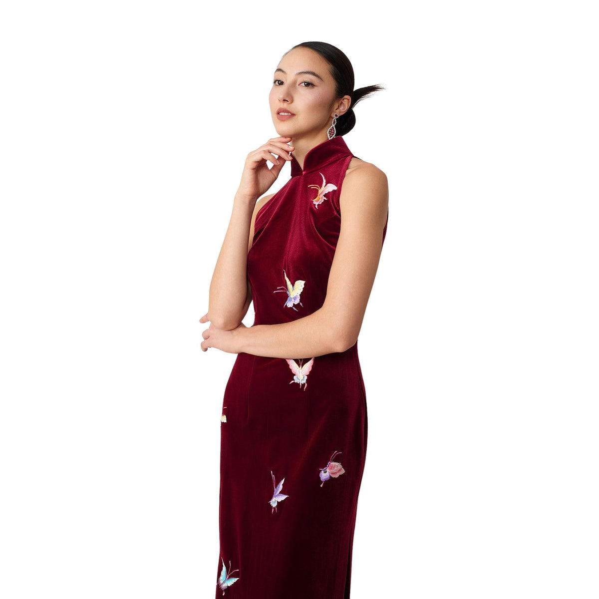 Burgundy Halter-Neck Butterfly Qipao
