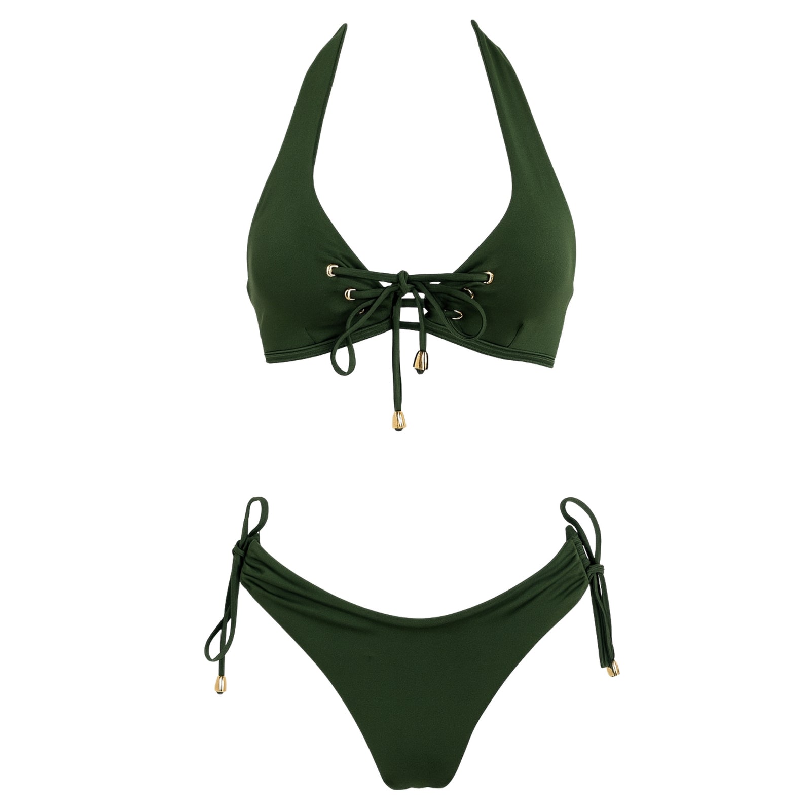 Front view of forest green lace-up bikini set with gold accents