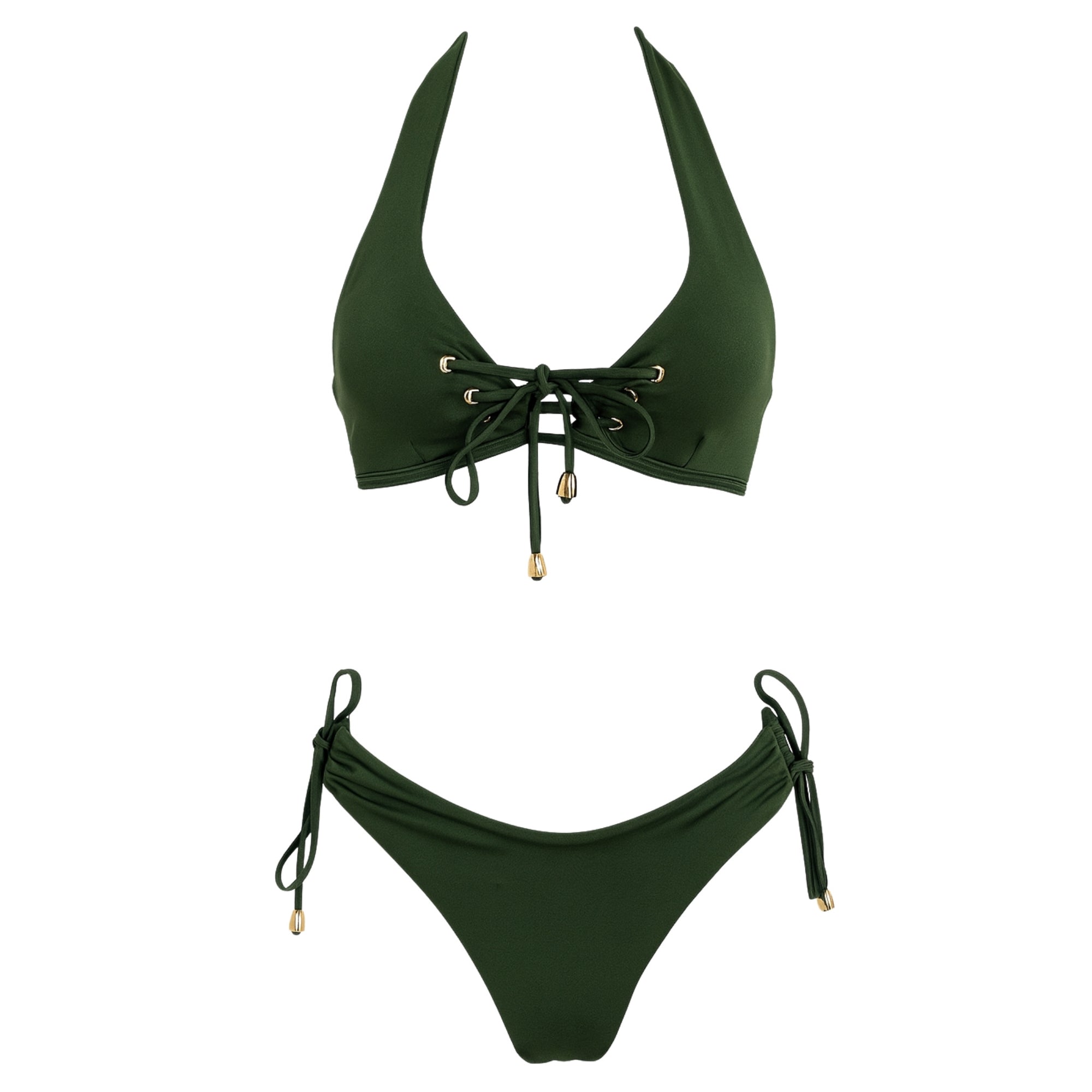 Front view of forest green lace-up bikini set with gold accents