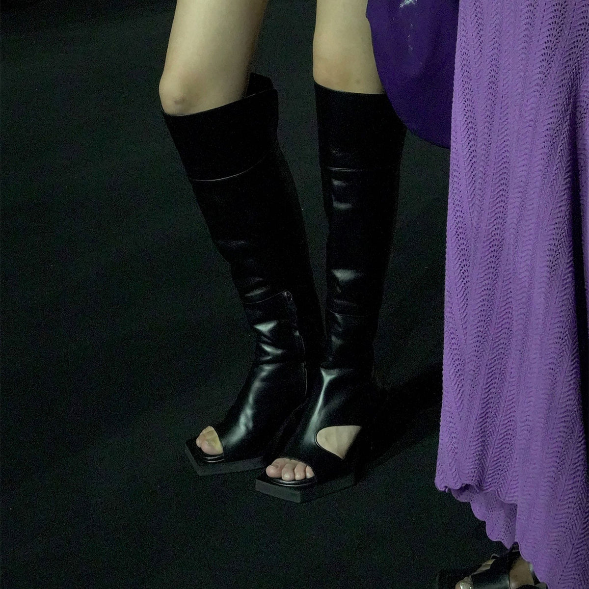 Black Open-Toe Knee-High Leather Boots