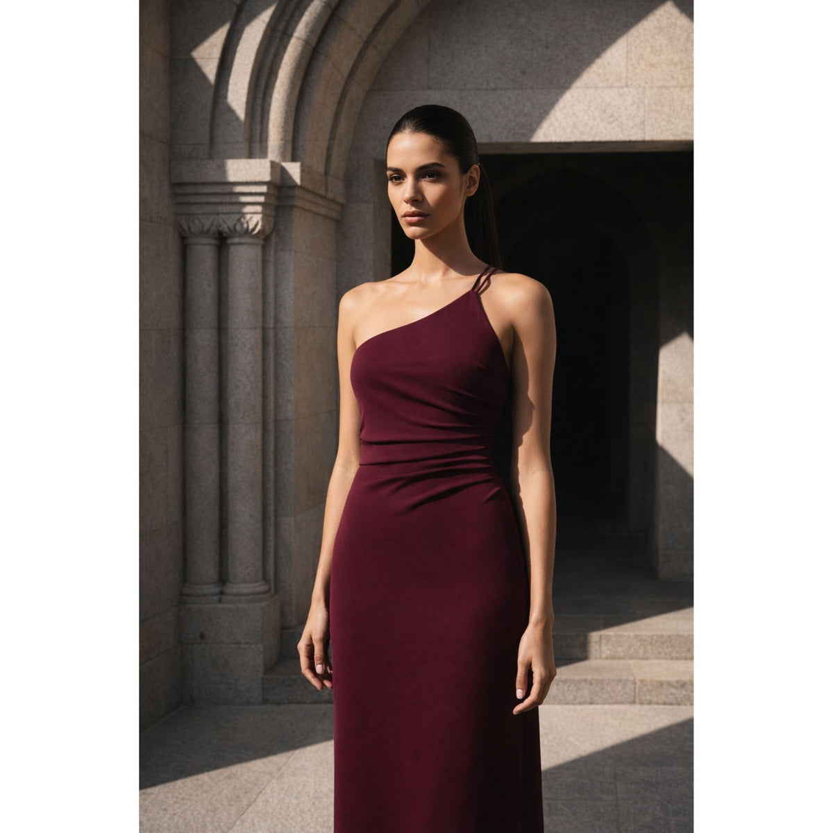 Burgundy Dress Featuring Asymmetrical Pleats