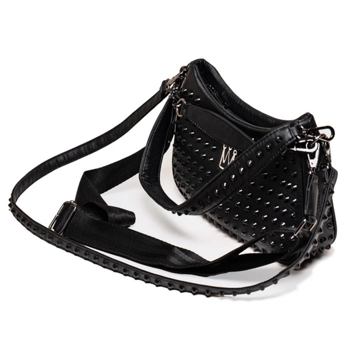 MVLUCKY - Black Vegan Leather Studded Glam Bag With Removable Straps, buy at DOORS NYC