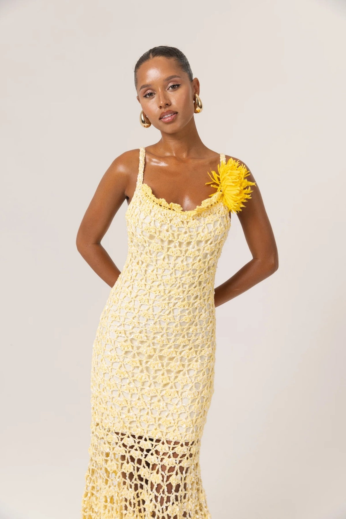 handmade crochet dress ANDREEVA - Butter Yellow Chrysanthemum Midi Handmade Crochet Dress
