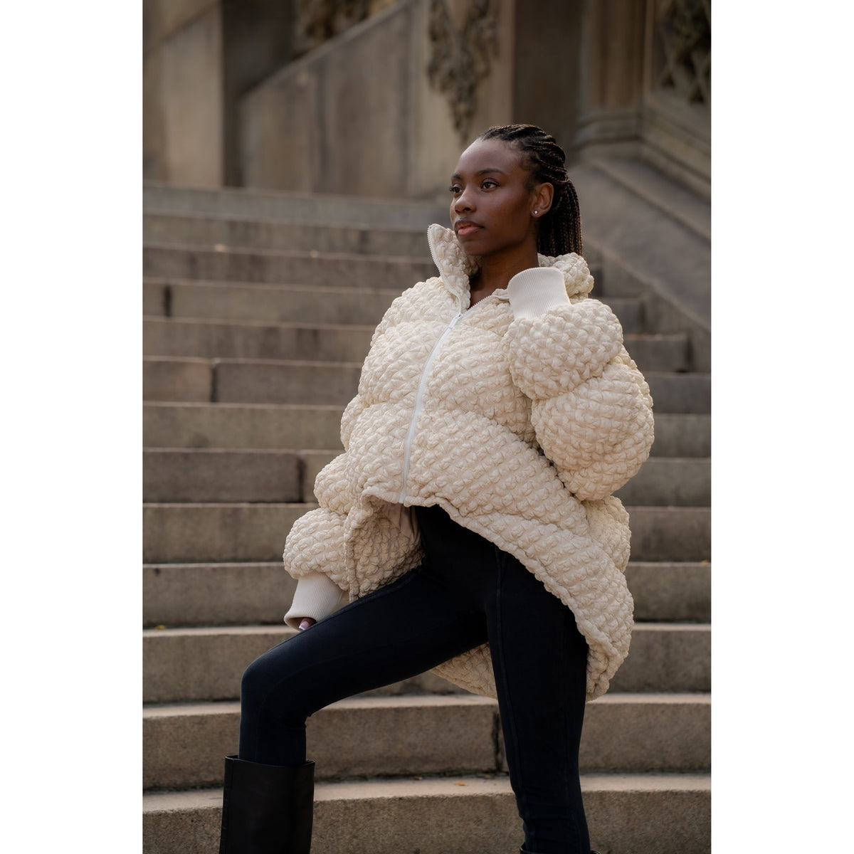 Beige Sculpted COCOON Puffer Jacket in Textured Knit