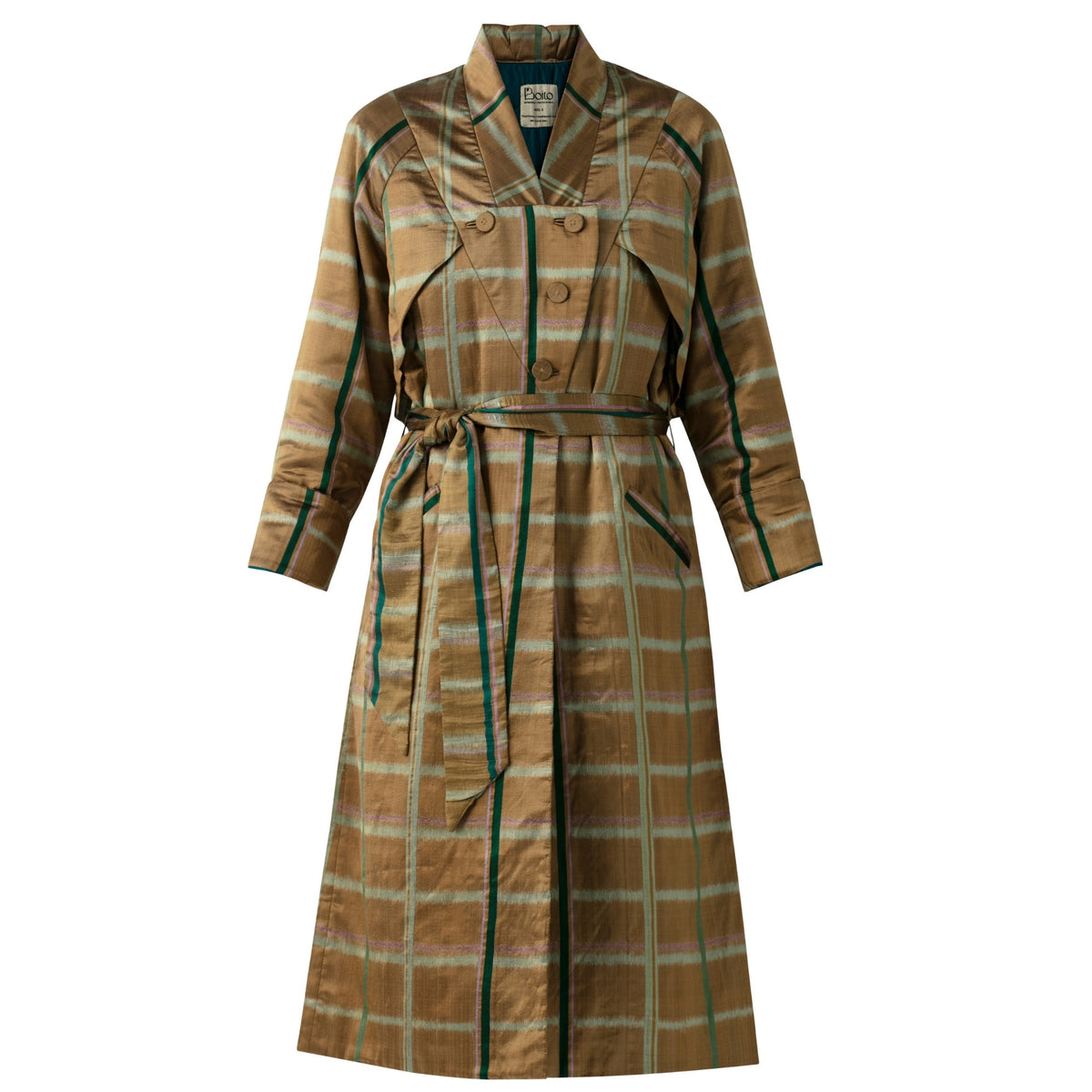 BOITO - Gold Chequered Ikat Silk Trench Coat, buy at DOORS NYC