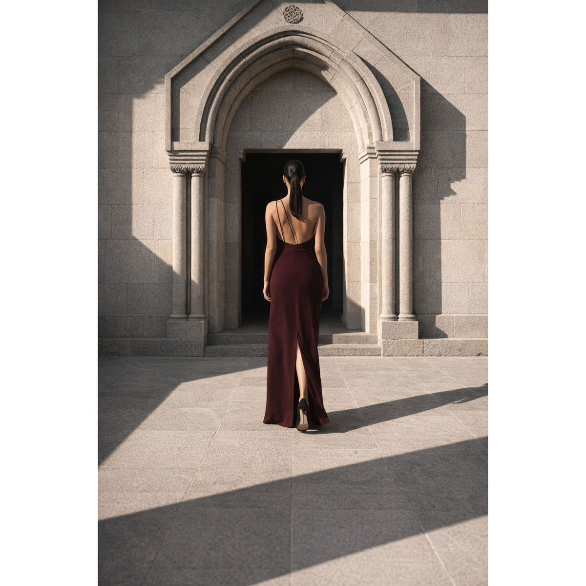 Burgundy Dress Featuring Asymmetrical Pleats