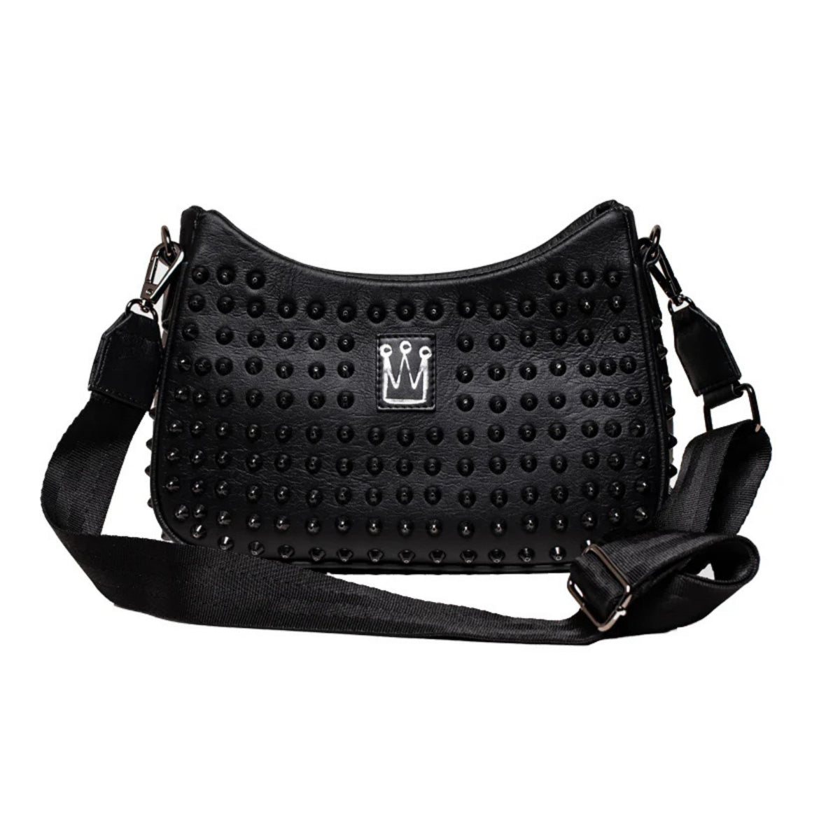 MVLUCKY - Black Vegan Leather Studded Glam Bag With Removable Straps, buy at DOORS NYC