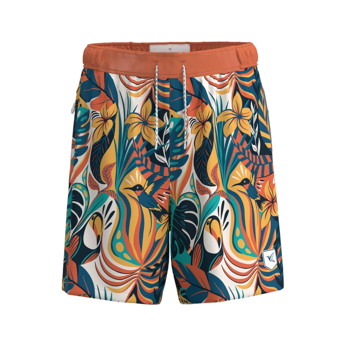 Front view of men’s Jungle print board shorts by Live Kolibri