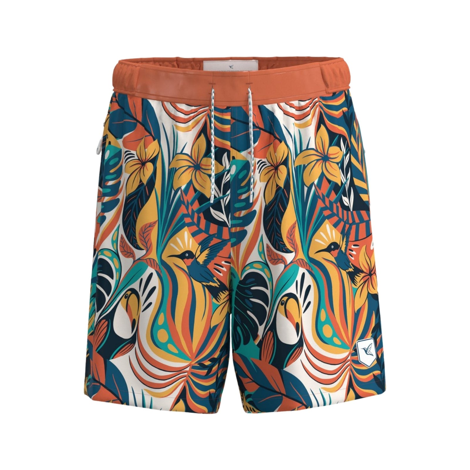 Front view of men’s Jungle print board shorts by Live Kolibri