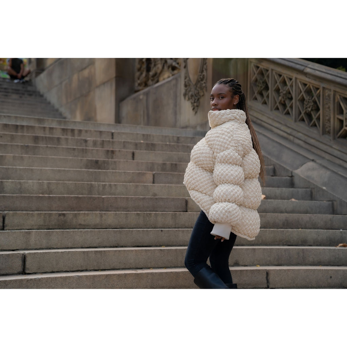 Beige Sculpted COCOON Puffer Jacket in Textured Knit