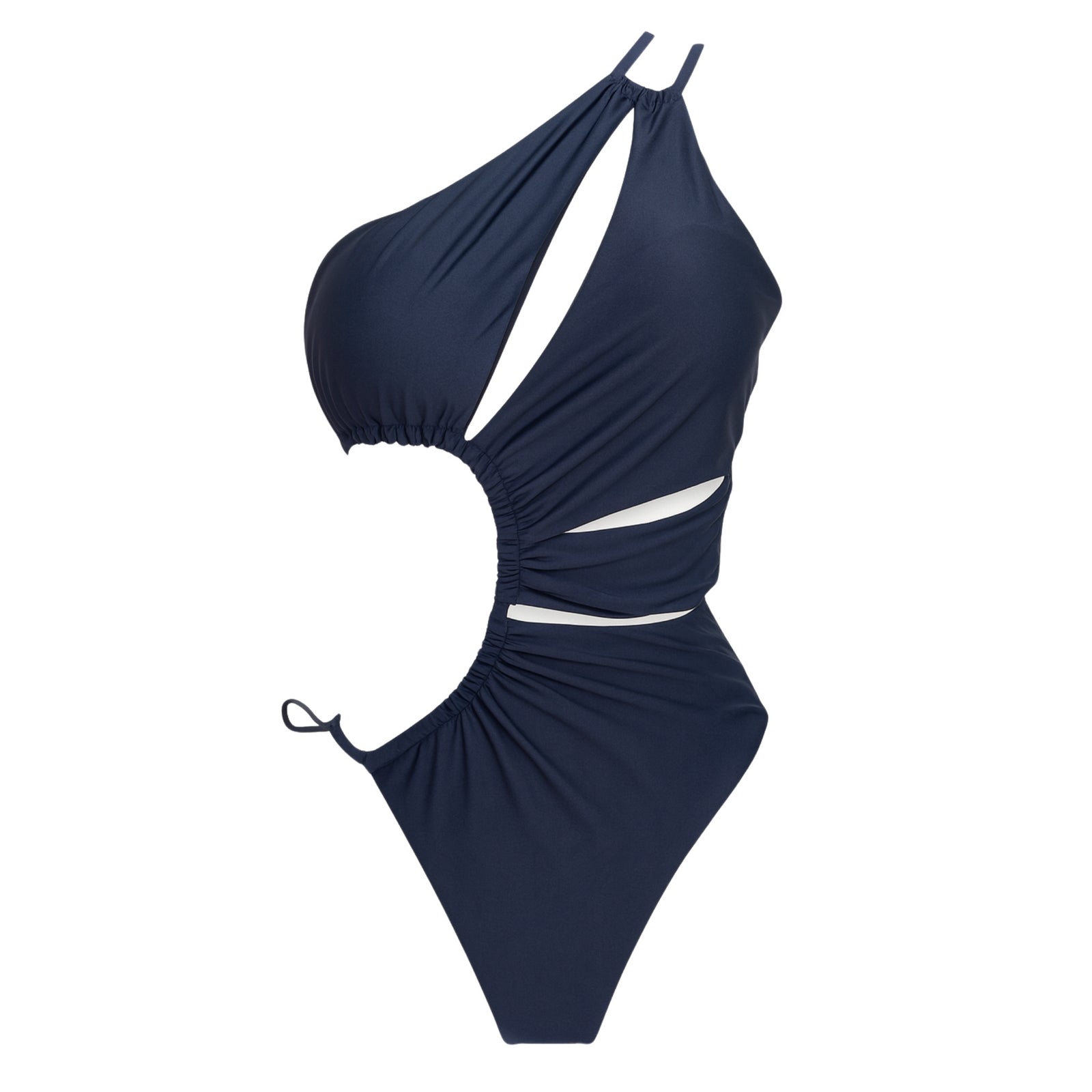 Front view of midnight blue cut-out one-piece swimsuit with side-tie detail
