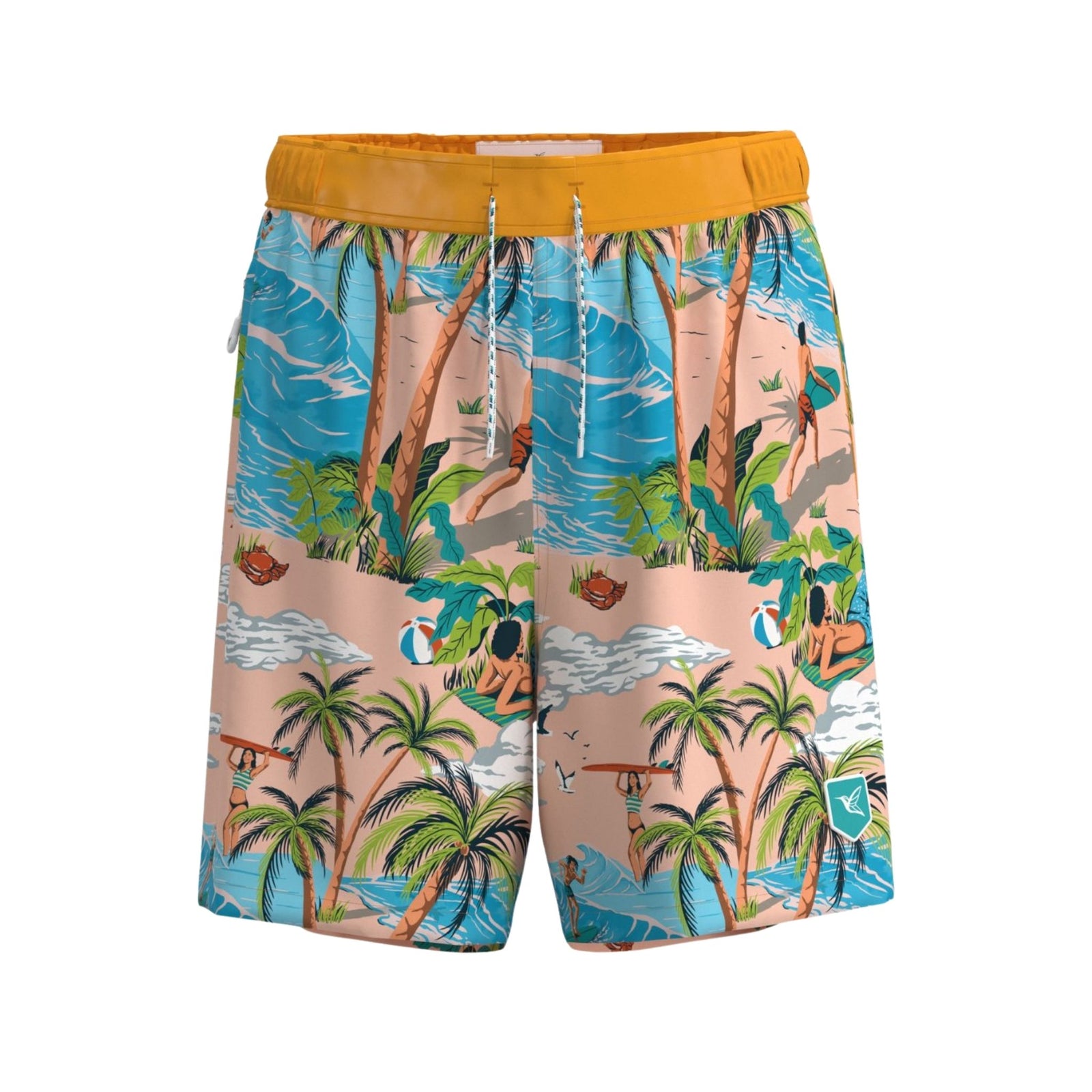 Front view of men’s Island print board shorts by Live Kolibri