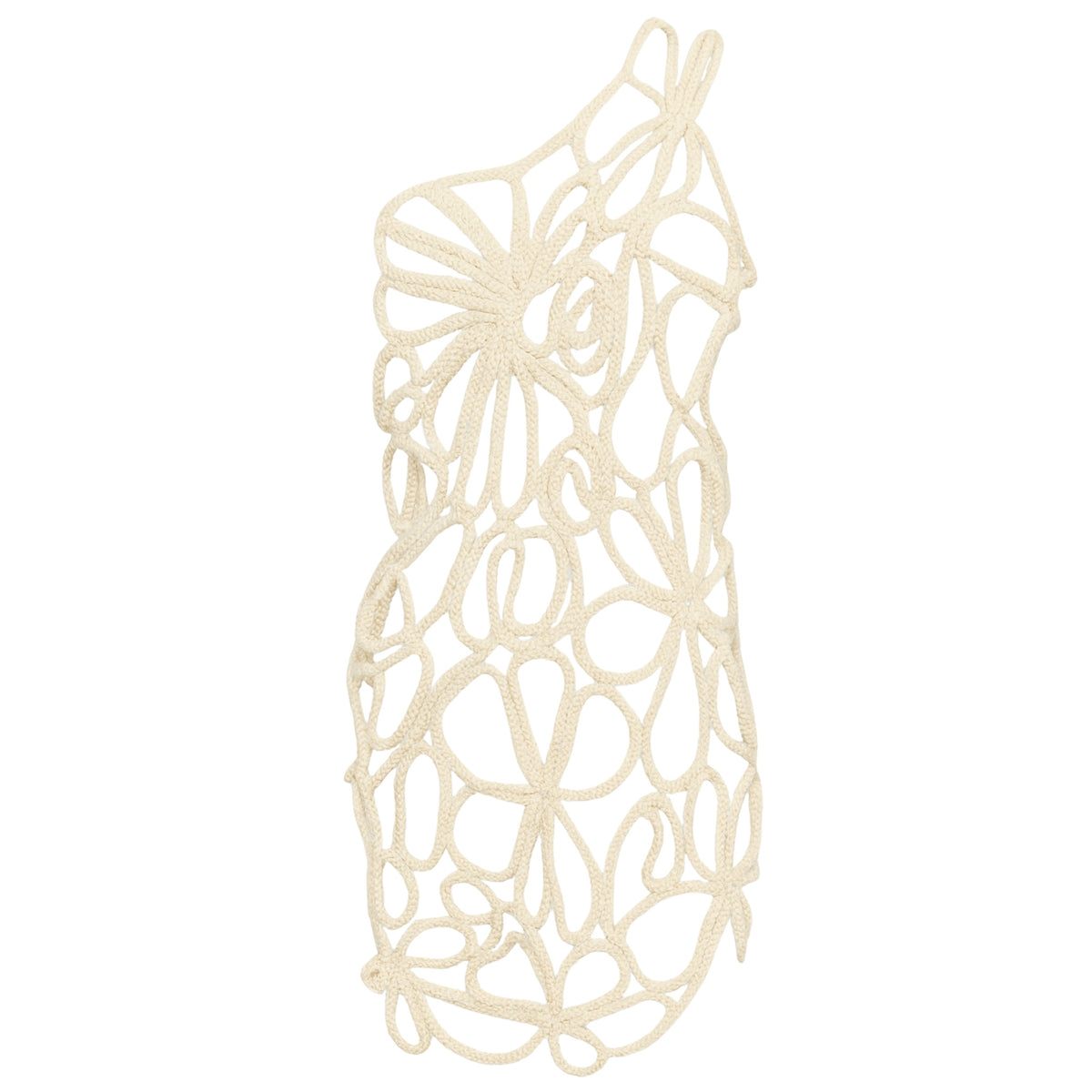 Flat lay of ivory hand-woven crochet mini cover up with large cut-out pattern