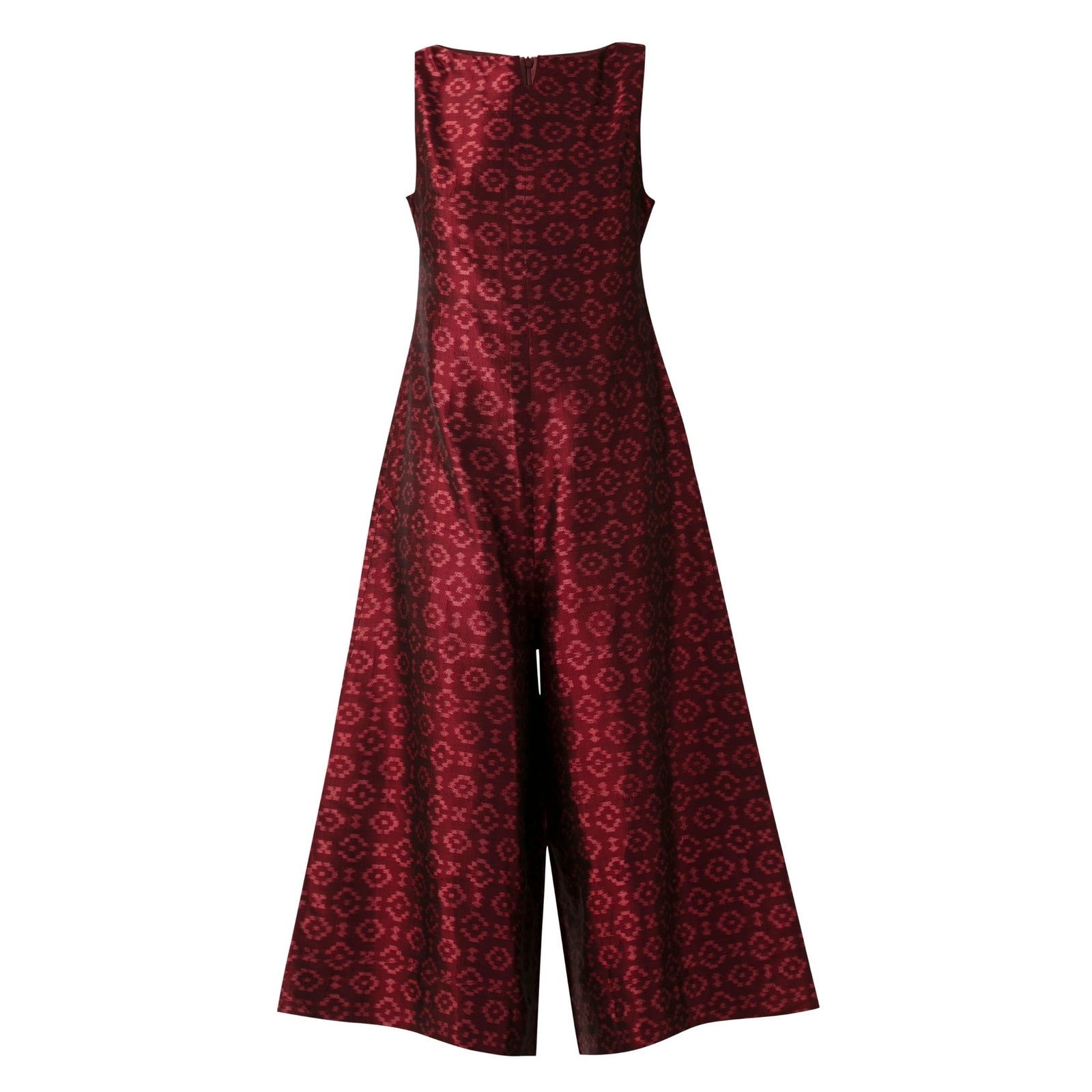 BOITO - Maroon Ikat Silk Boatneck Jumpsuit with Pasa Motif, buy at DOORS NYC