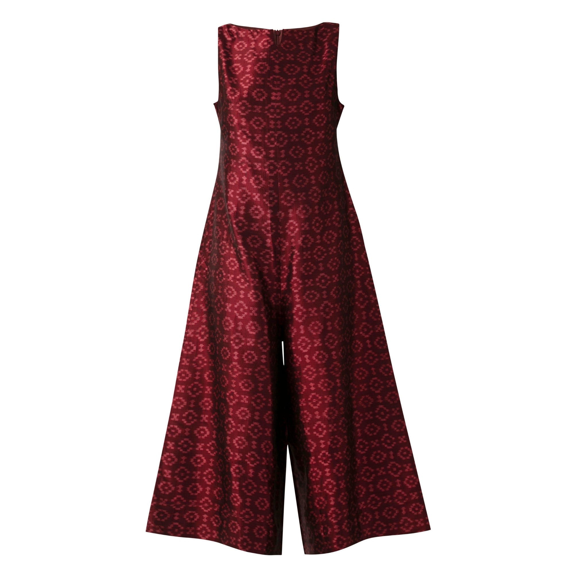 BOITO - Maroon Ikat Silk Boatneck Jumpsuit with Pasa Motif, buy at DOORS NYC