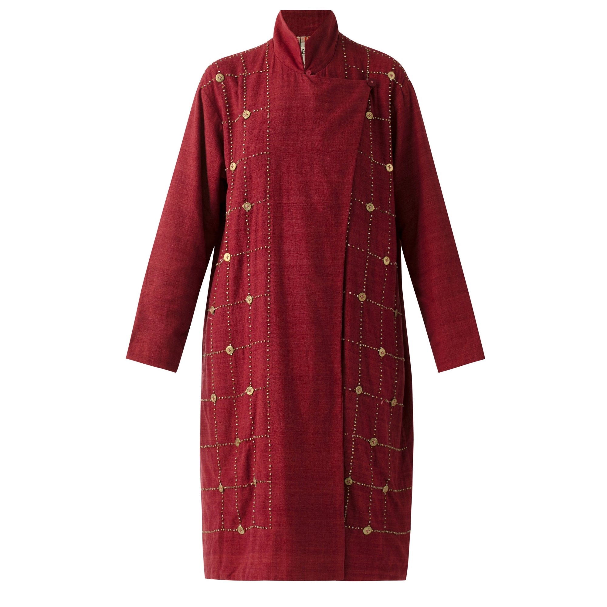 BOITO - Red Kotpad Overcoat with Hand-Embroidered Dhokra Beads, buy at DOORS NYC