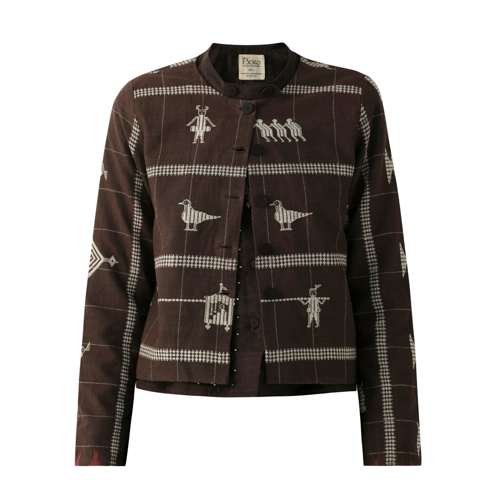 BOITO - Chocolate Brown Kotpad Short Jacket with Extra-Weft Motifs, buy at DOORS NYC