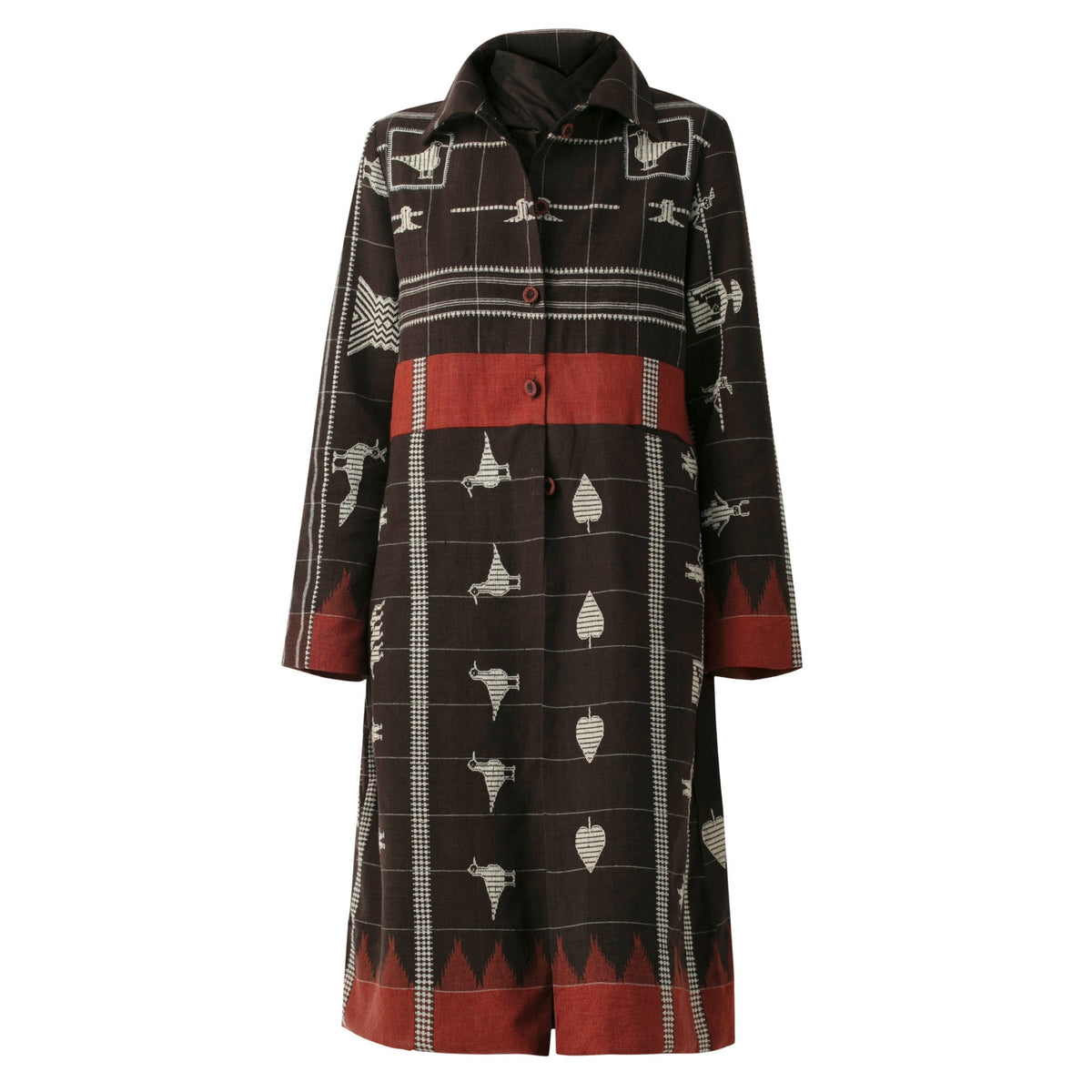 BOITO - Brown Kotpad Handloom Jacket with Temple and Nature Motifs, buy at DOORS NYC