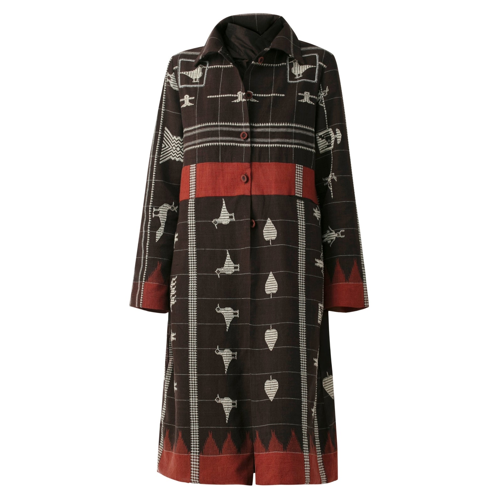 BOITO - Brown Kotpad Handloom Jacket with Temple and Nature Motifs, buy at DOORS NYC