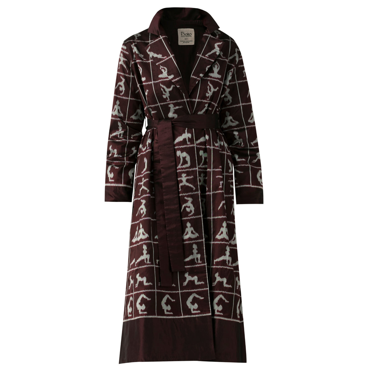 BOITO - Burgundy Ikat Silk Overcoat with Yoga Motifs, buy at DOORS NYC