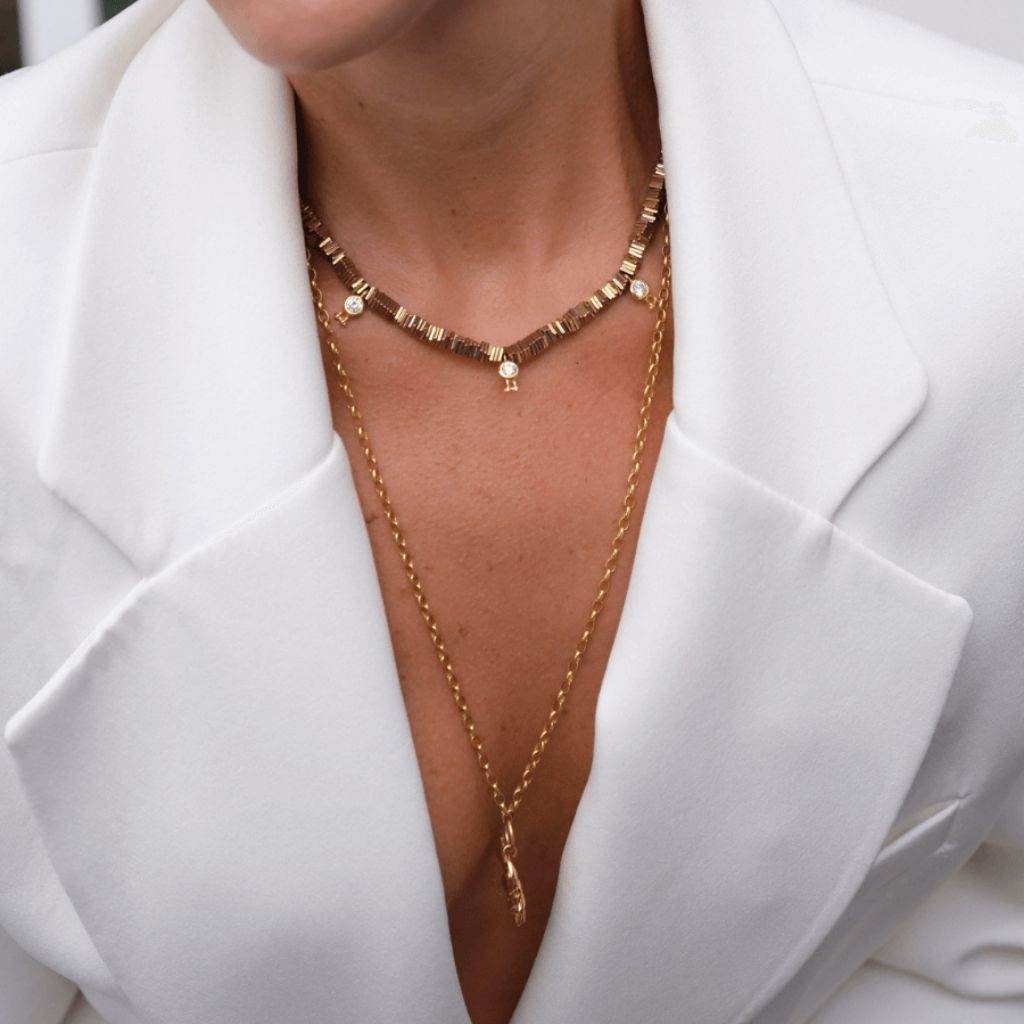 LINYA JEWELLERY - Verta Gold Hematite Collar Necklace with Crystal Charms, buy at DOORS NYC