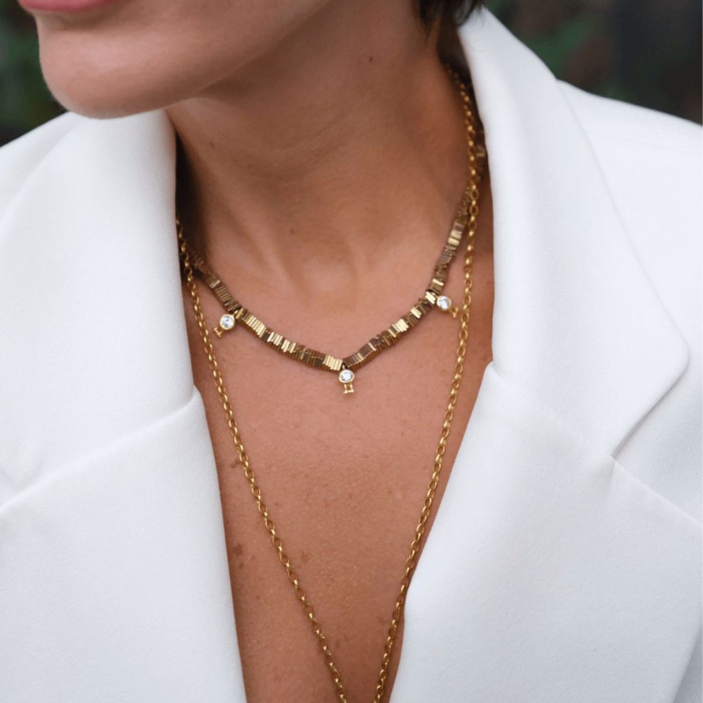 LINYA JEWELLERY - Verta Gold Hematite Collar Necklace with Crystal Charms, buy at DOORS NYC