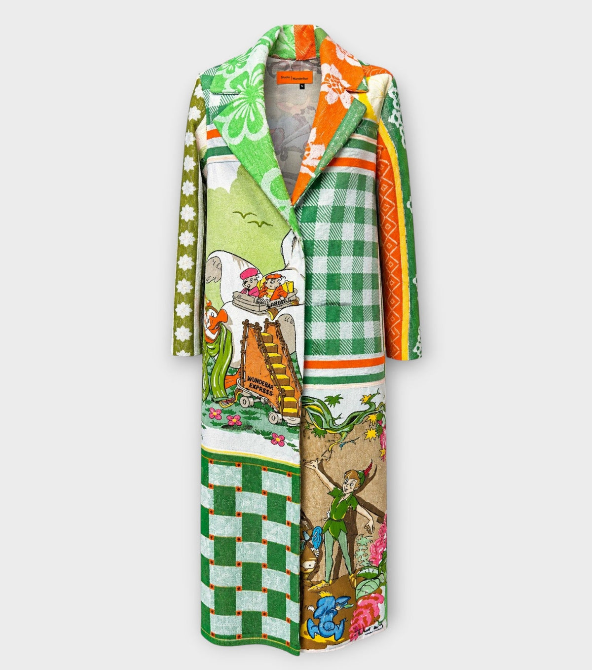 STUDIO WUNDERBAR Mouse With Big Ears Coat: green and orange patchwork long coat with gingham checks, floral motifs and a Mickey Mouse storybook panel, upcycled one-of-a-kind coat, product photo, buy at DOORS NYC