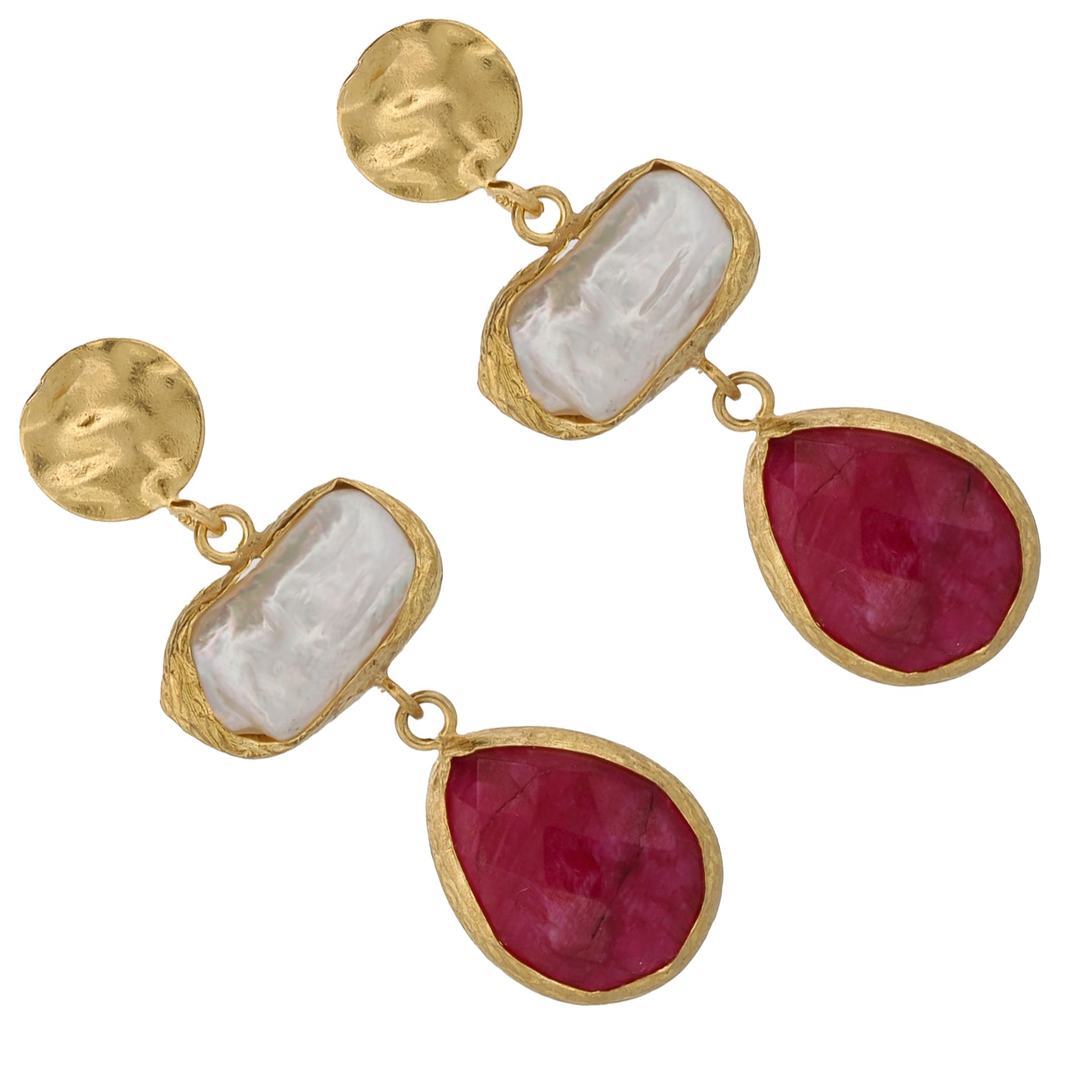 Classic Pearl and Ruby Gemstone Gold Earrings