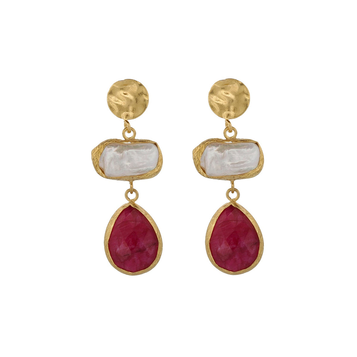 Chic Gold Earrings with Pearls and Deep Red Rubies