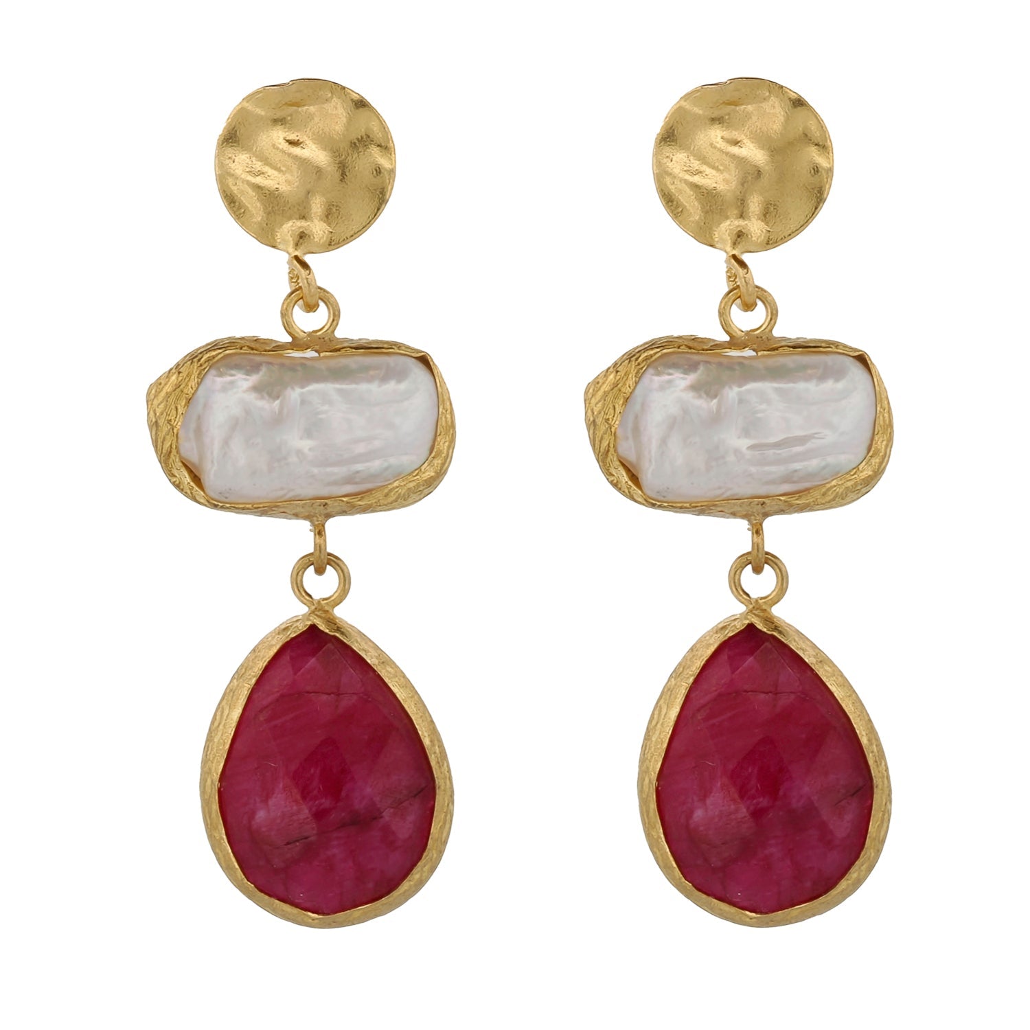 Vintage Style Pearl & Ruby Gemstone Gold Earrings with 24K Gold Plating