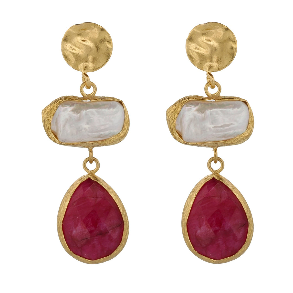 Vintage Style Pearl &amp; Ruby Gemstone Gold Earrings with 24K Gold Plating