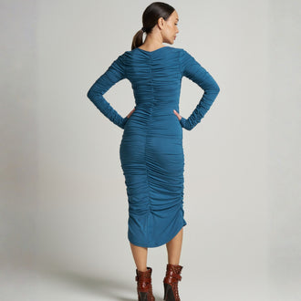 LIZ SKORSIS - Viva Scoop Neck Ruched Dress – River, PR Sample at DOORS NYC PR showroom