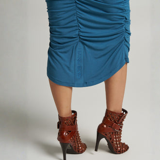 LIZ SKORSIS - Viva Scoop Neck Ruched Dress – River, PR Sample at DOORS NYC PR showroom